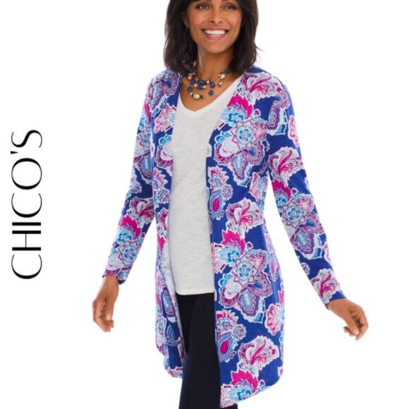 CHICO’S "The Ultimate Tee" Blue Paisley Floral Open Front Cardigan, S / 4 - Picture 1 of 10